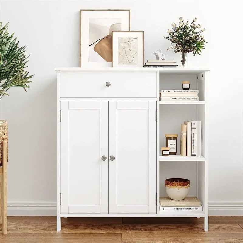 Armoire de rangement rustique en bois avec tiroir, portes et étagères ouvertes, grise