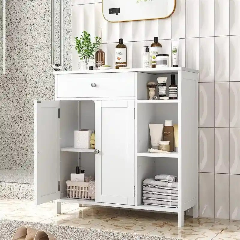 Armoire de rangement rustique en bois avec tiroir, portes et étagères ouvertes, grise