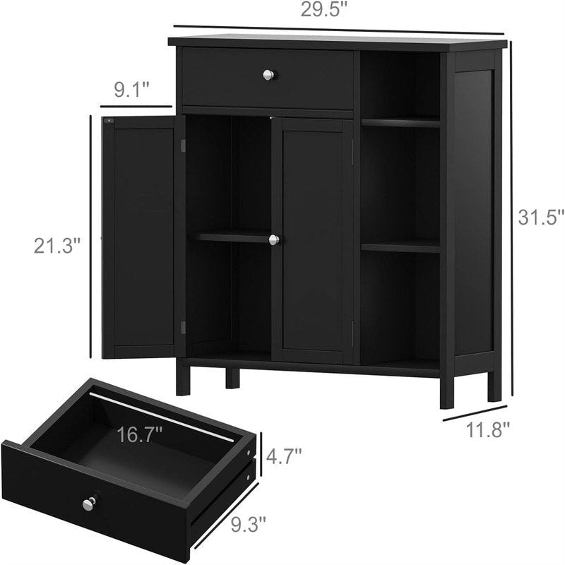 Armoire de rangement rustique en bois avec tiroir, portes et étagères ouvertes, grise
