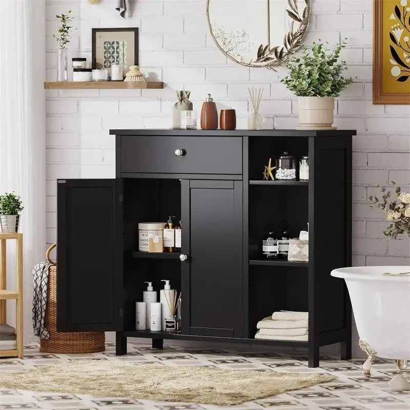 Armoire de rangement rustique en bois avec tiroir, portes et étagères ouvertes, grise