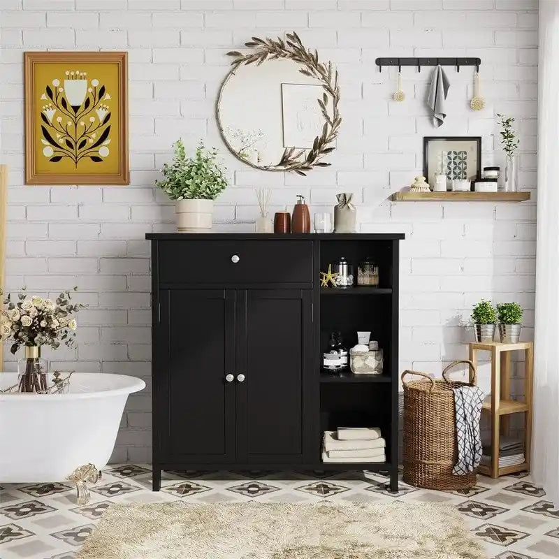 Armoire de rangement rustique en bois avec tiroir, portes et étagères ouvertes, grise