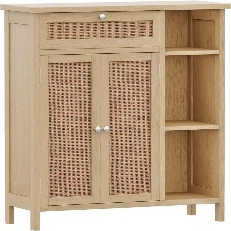 Armoire de rangement rustique en bois avec tiroir, portes et étagères ouvertes, grise