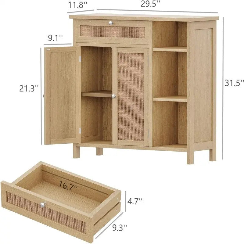 Armoire de rangement rustique en bois avec tiroir, portes et étagères ouvertes, grise