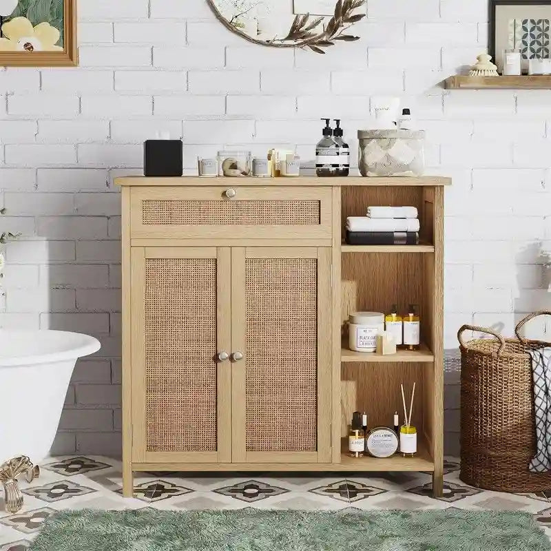 Armoire de rangement rustique en bois avec tiroir, portes et étagères ouvertes, grise