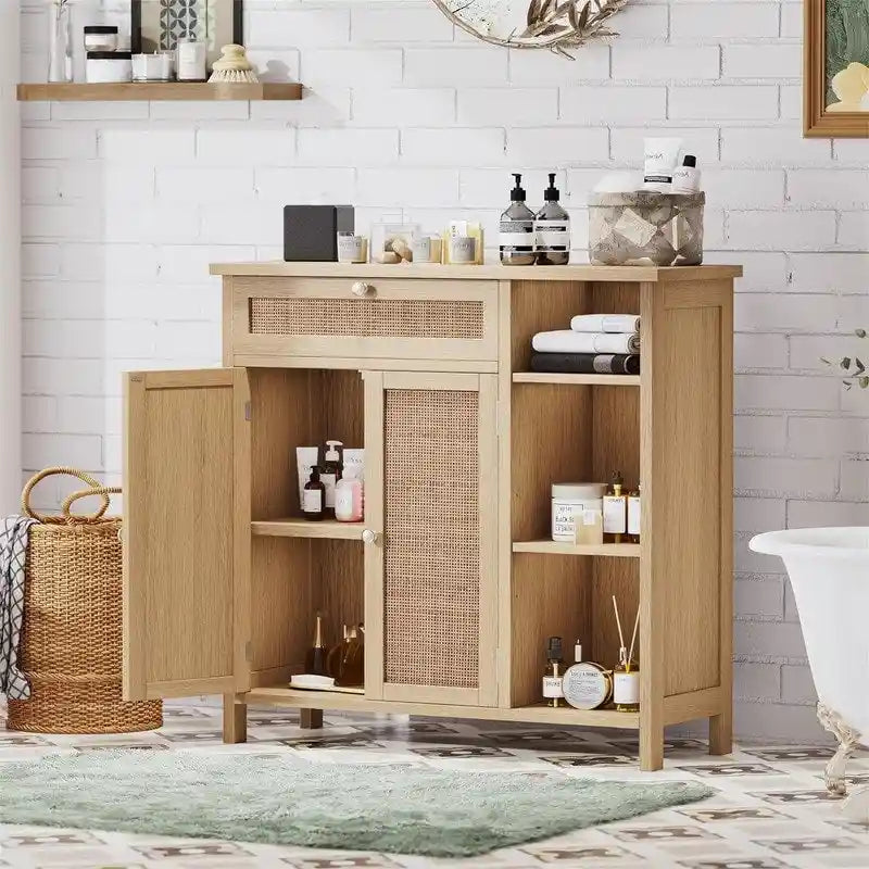 Armoire de rangement rustique en bois avec tiroir, portes et étagères ouvertes, grise