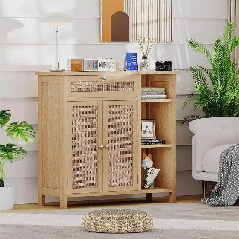Armoire de rangement rustique en bois avec tiroir, portes et étagères ouvertes, grise