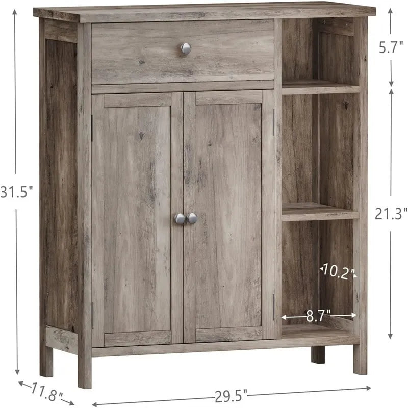 Armoire de rangement rustique en bois avec tiroir, portes et étagères ouvertes, grise