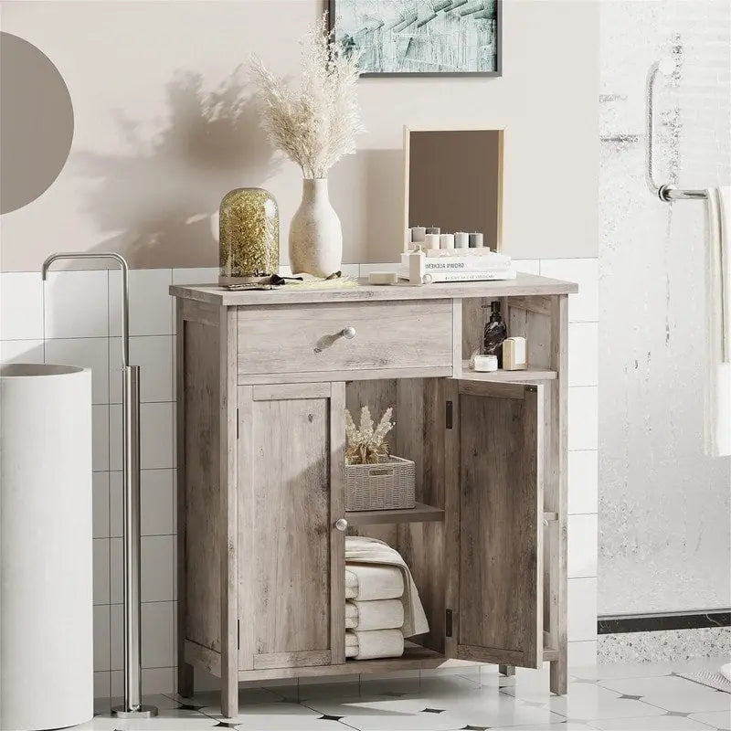 Armoire de rangement rustique en bois avec tiroir, portes et étagères ouvertes, grise
