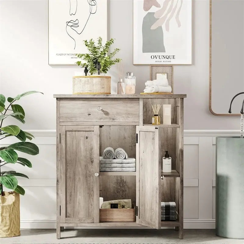 Armoire de rangement rustique en bois avec tiroir, portes et étagères ouvertes, grise