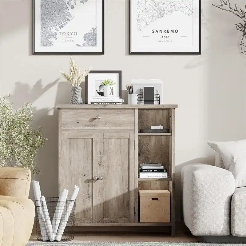 Armoire de rangement rustique en bois avec tiroir, portes et étagères ouvertes, grise