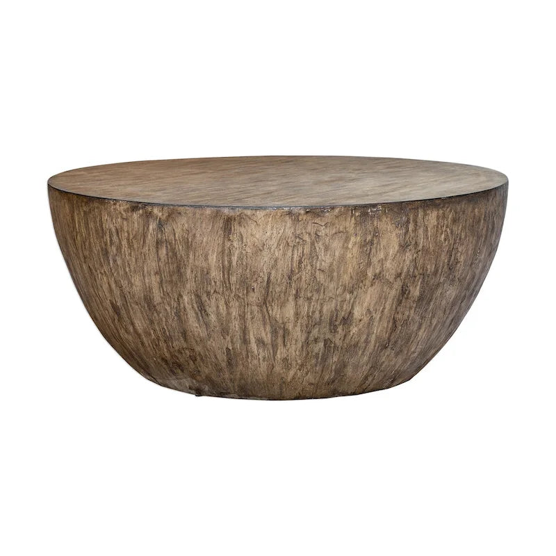 Table basse ronde en placage de noyer finition vieillie
