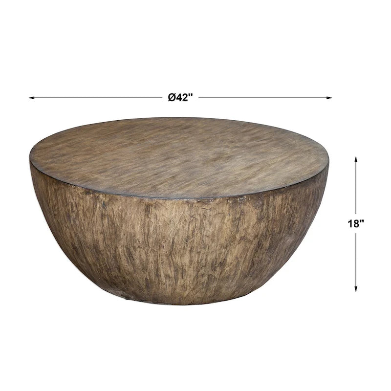 Table basse ronde en placage de noyer finition vieillie