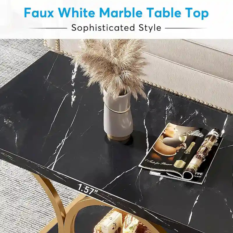 Table basse rectangulaire avec plateau effet marbre et piètement géométrique en métal doré