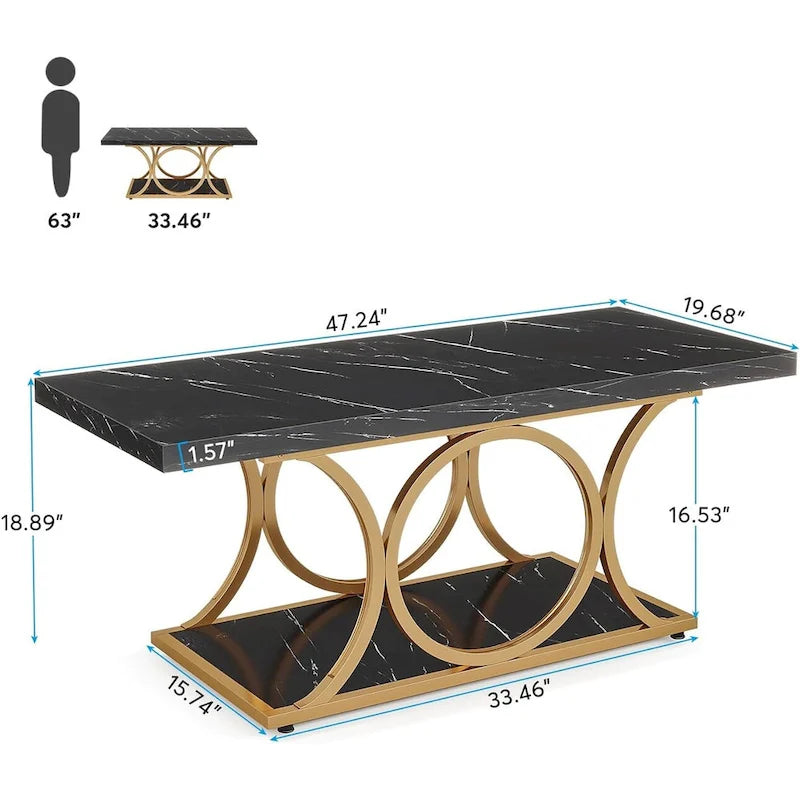 Table basse rectangulaire avec plateau effet marbre et piètement géométrique en métal doré