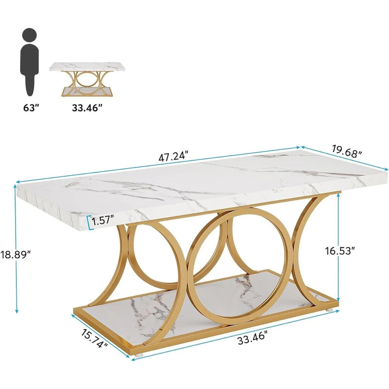 Table basse rectangulaire avec plateau effet marbre et piètement géométrique en métal doré