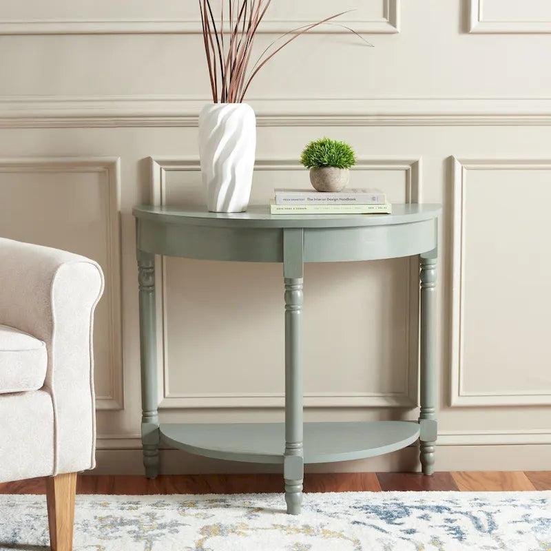 Console d'entrée demi-lune en bois massif avec étagère inférieure, finition bois de chauffage