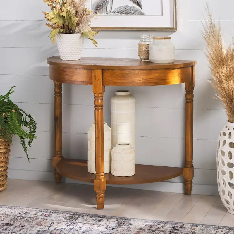 Console d'entrée demi-lune en bois massif avec étagère inférieure, finition bois de chauffage