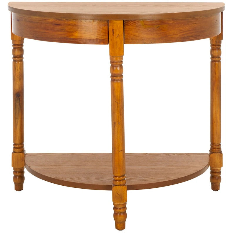 Console d'entrée demi-lune en bois massif avec étagère inférieure, finition bois de chauffage