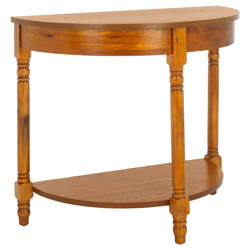 Console d'entrée demi-lune en bois massif avec étagère inférieure, finition bois de chauffage