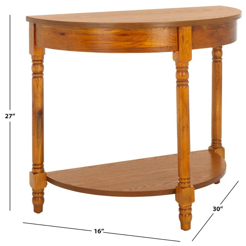 Console d'entrée demi-lune en bois massif avec étagère inférieure, finition bois de chauffage