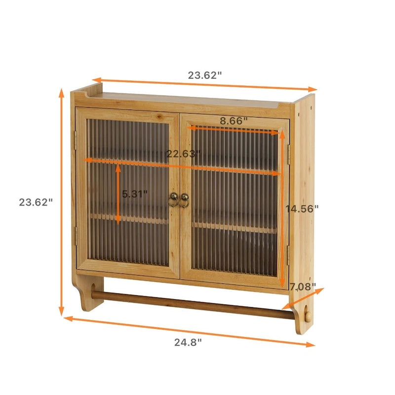 Armoire murale en bois massif avec portes en verre cannelé et patères.