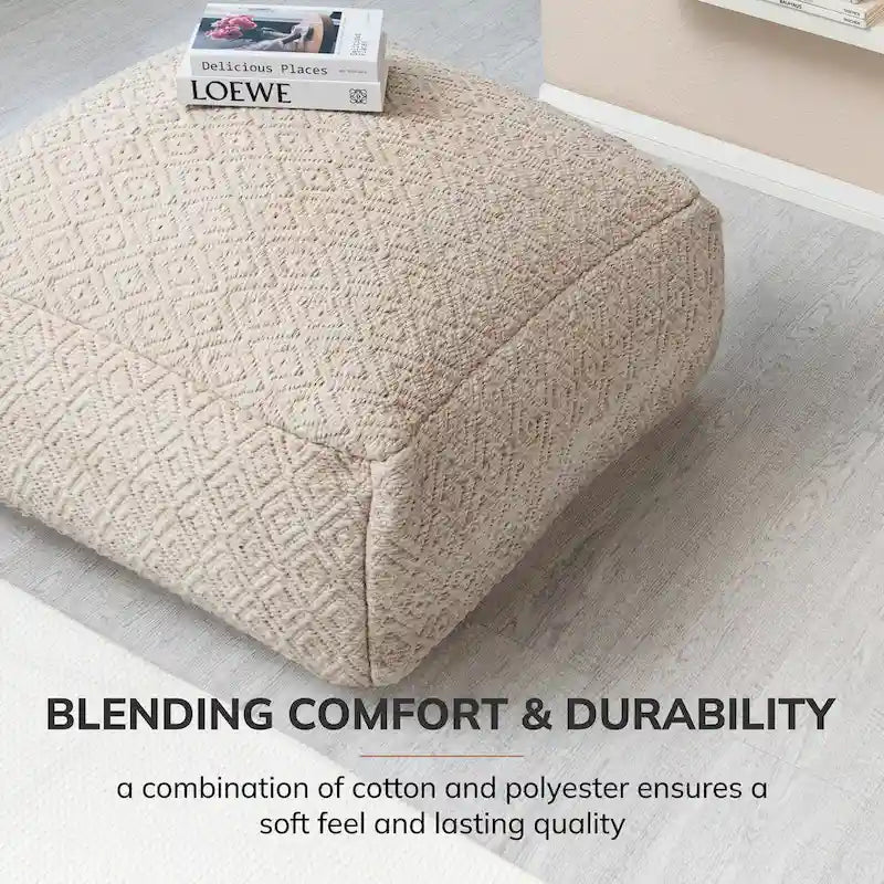 Pouf ottoman carré beige surdimensionné en mélange de coton tufté repose-pieds
