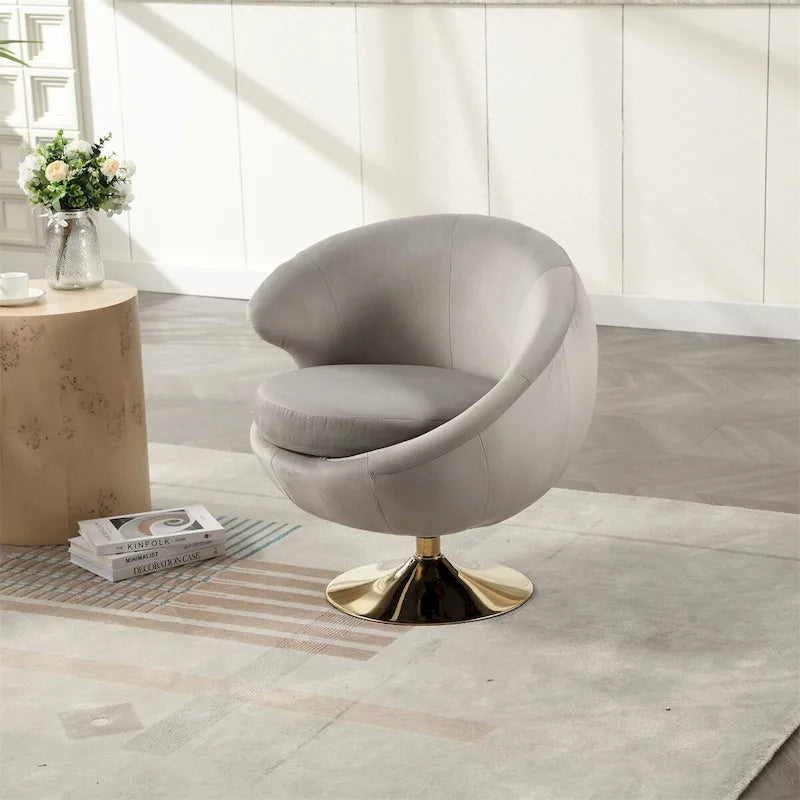 Fauteuil pivotant rond en velours avec base en métal doré