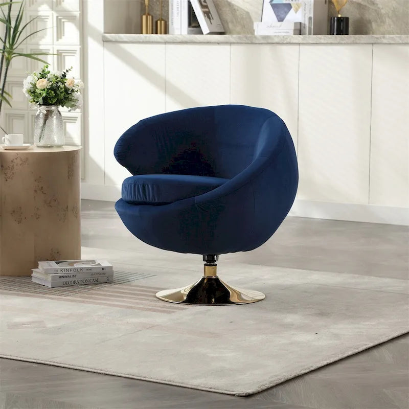 Fauteuil pivotant rond en velours avec base en métal doré