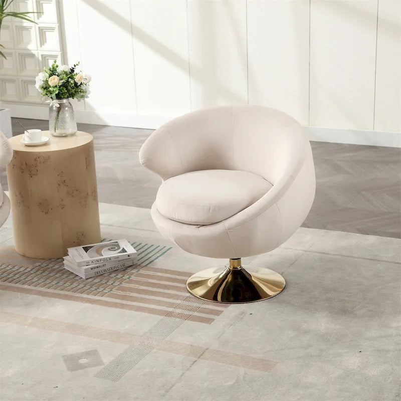 Fauteuil pivotant rond en velours avec base en métal doré