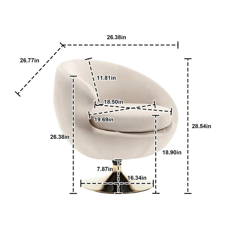 Fauteuil pivotant rond en velours avec base en métal doré