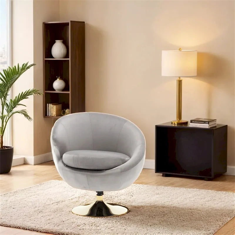 Fauteuil pivotant rond en velours avec base en métal doré