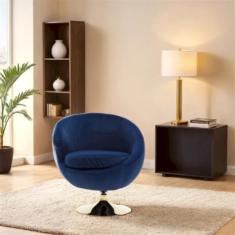 Fauteuil pivotant rond en velours avec base en métal doré
