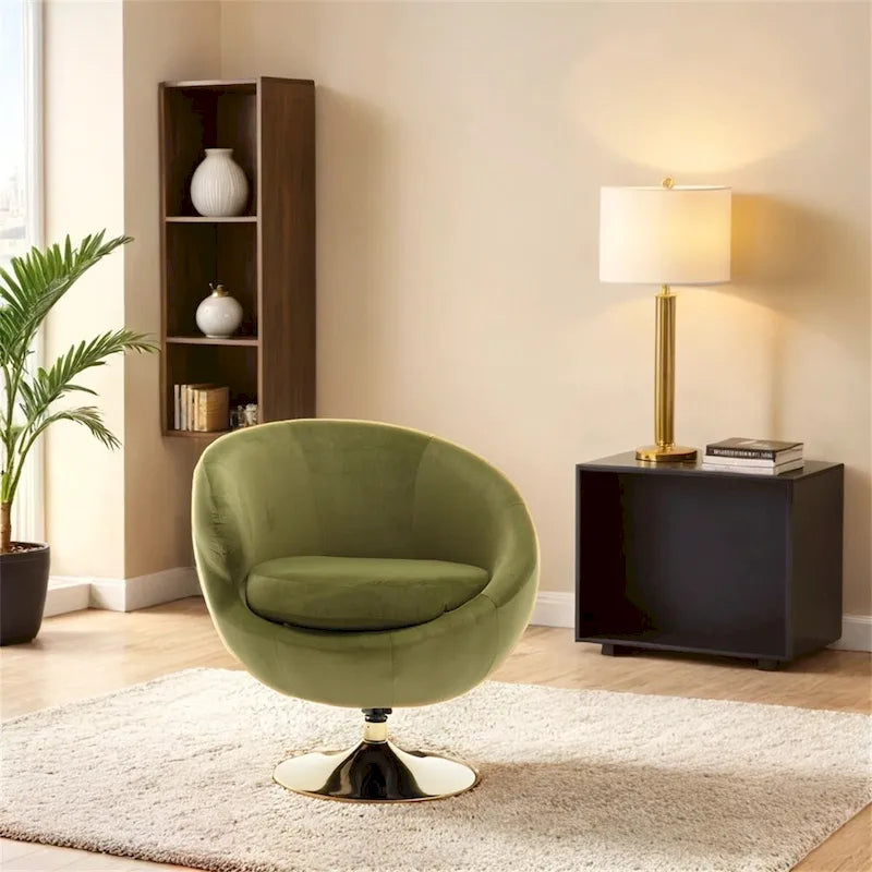 Fauteuil pivotant rond en velours avec base en métal doré