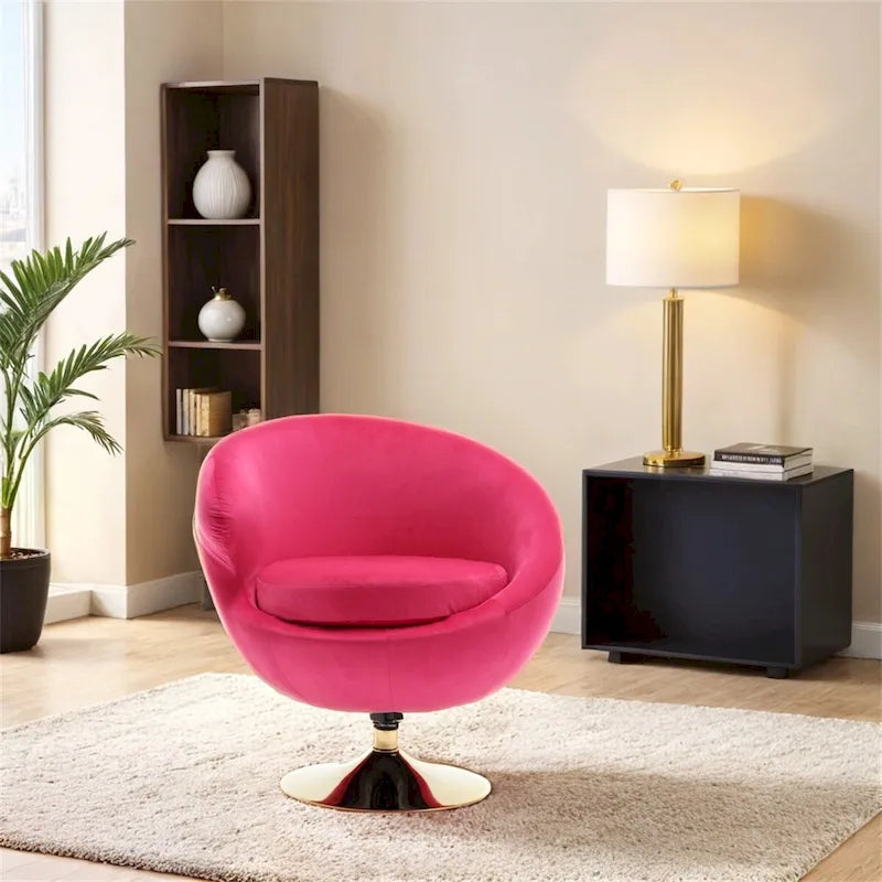 Fauteuil pivotant rond en velours avec base en métal doré