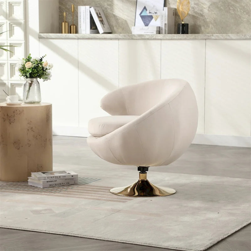 Fauteuil pivotant rond en velours avec base en métal doré