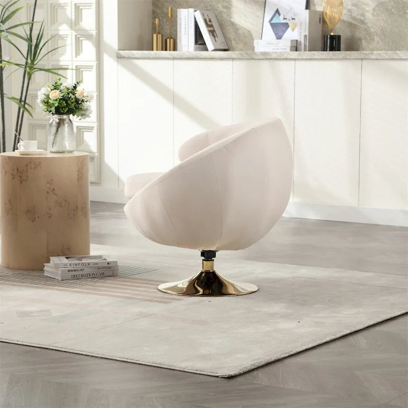 Fauteuil pivotant rond en velours avec base en métal doré