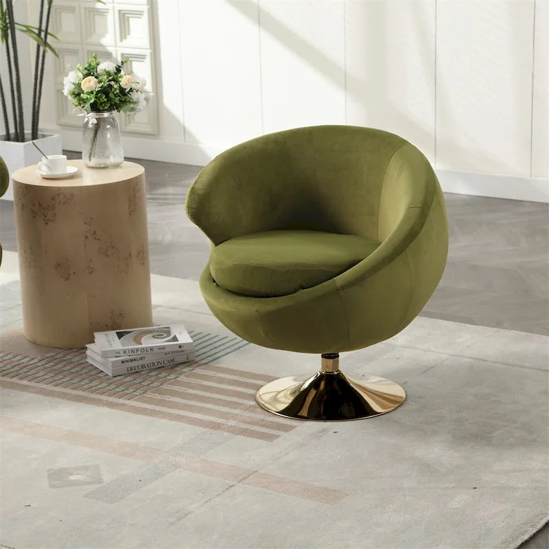 Fauteuil pivotant rond en velours avec base en métal doré