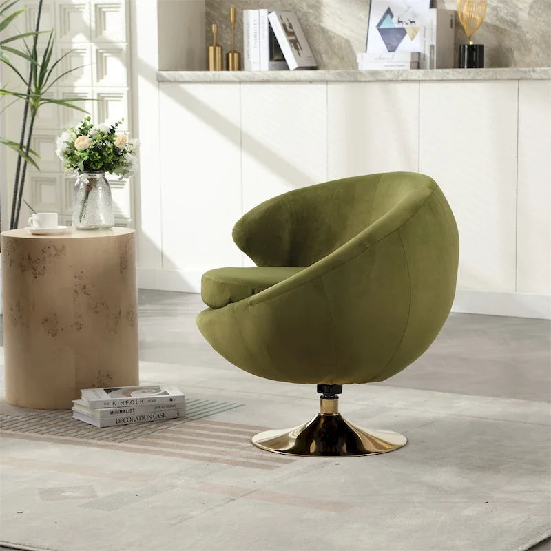 Fauteuil pivotant rond en velours avec base en métal doré