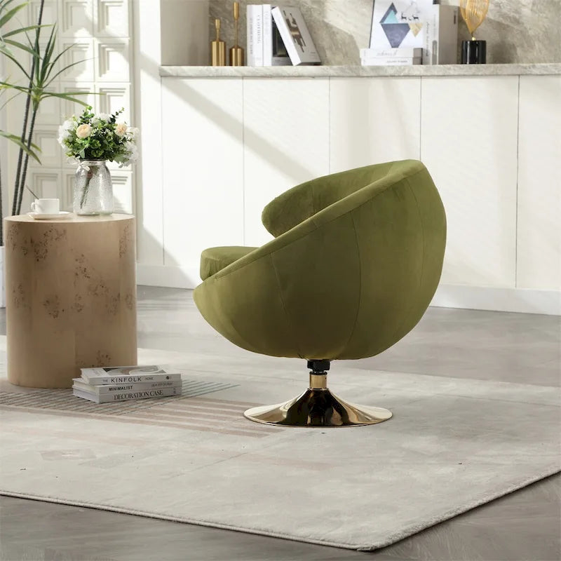 Fauteuil pivotant rond en velours avec base en métal doré