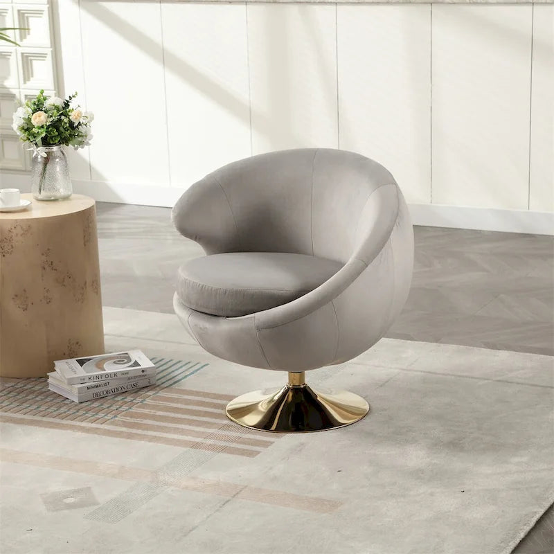 Fauteuil pivotant rond en velours avec base en métal doré