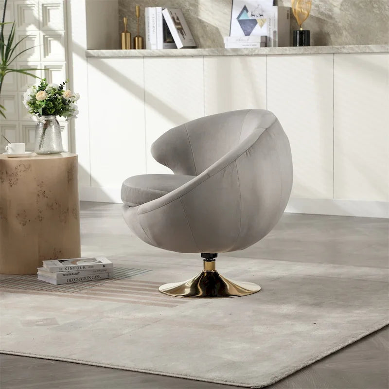 Fauteuil pivotant rond en velours avec base en métal doré