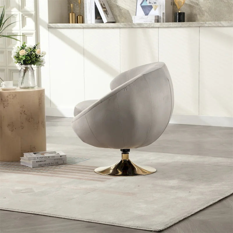 Fauteuil pivotant rond en velours avec base en métal doré