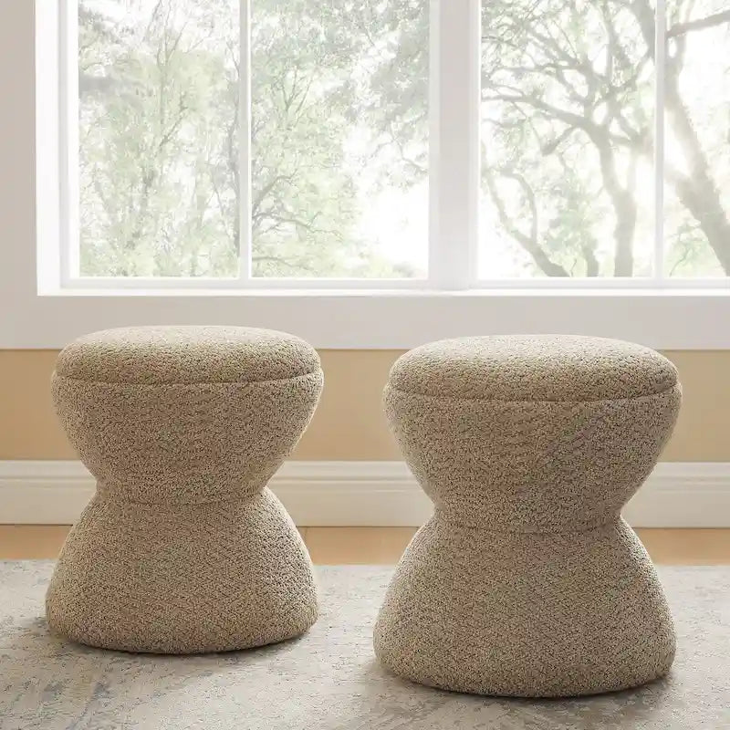 Pouf rond ottoman en tissu bouclette pour salon