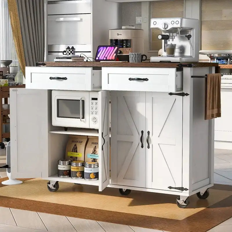 Îlot de cuisine roulant de style rustique avec prise de courant et rabat, blanc