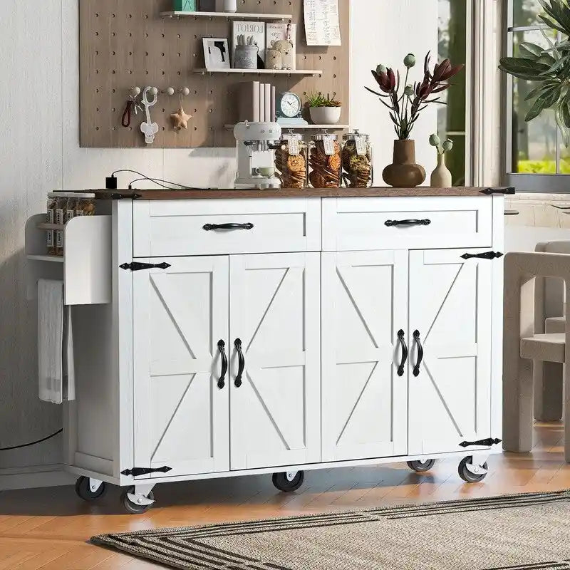 Îlot de cuisine roulant de style rustique avec prise de courant et rabat, blanc