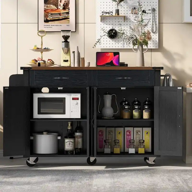 Îlot de cuisine roulant de style rustique avec prise de courant et rabat, blanc