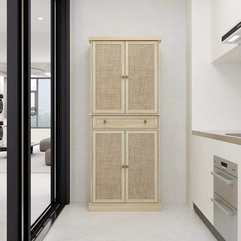 Meuble de rangement haut avec 4 portes en rotin, 1 tiroir et étagères réglables, naturel et noyer