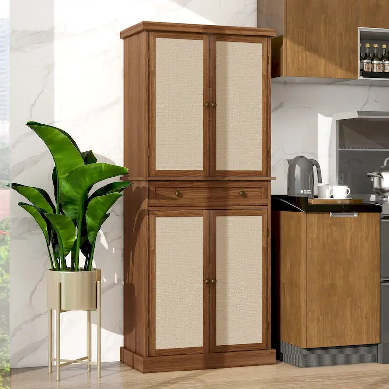 Meuble de rangement haut avec 4 portes en rotin, 1 tiroir et étagères réglables, naturel et noyer