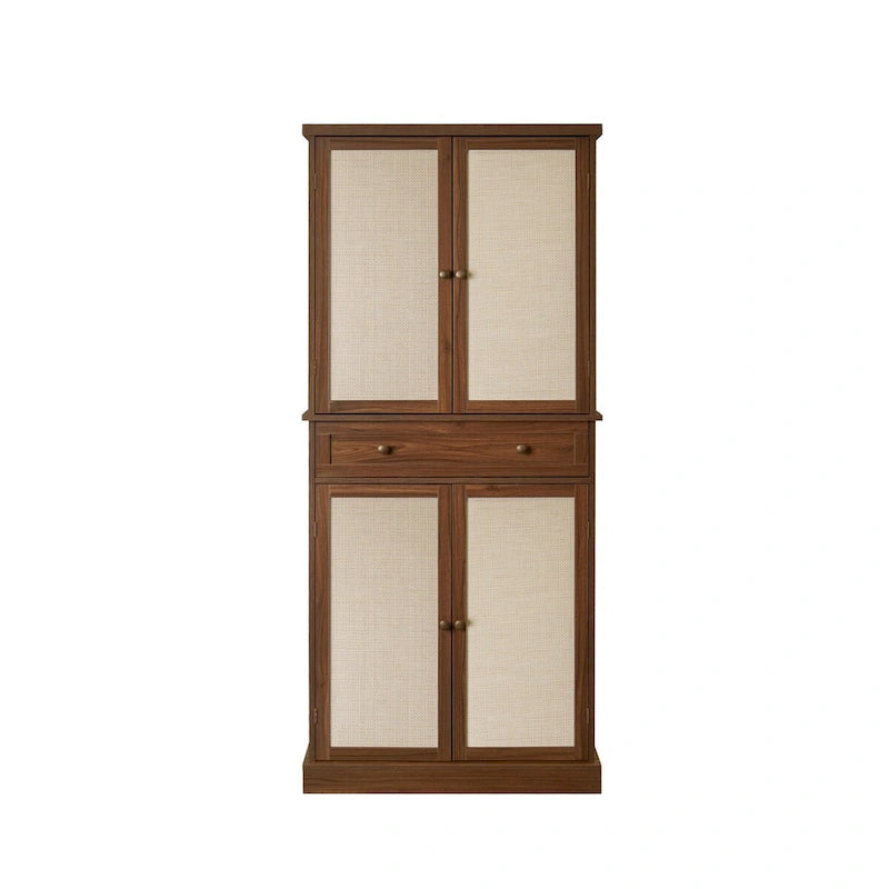 Meuble de rangement haut avec 4 portes en rotin, 1 tiroir et étagères réglables, naturel et noyer