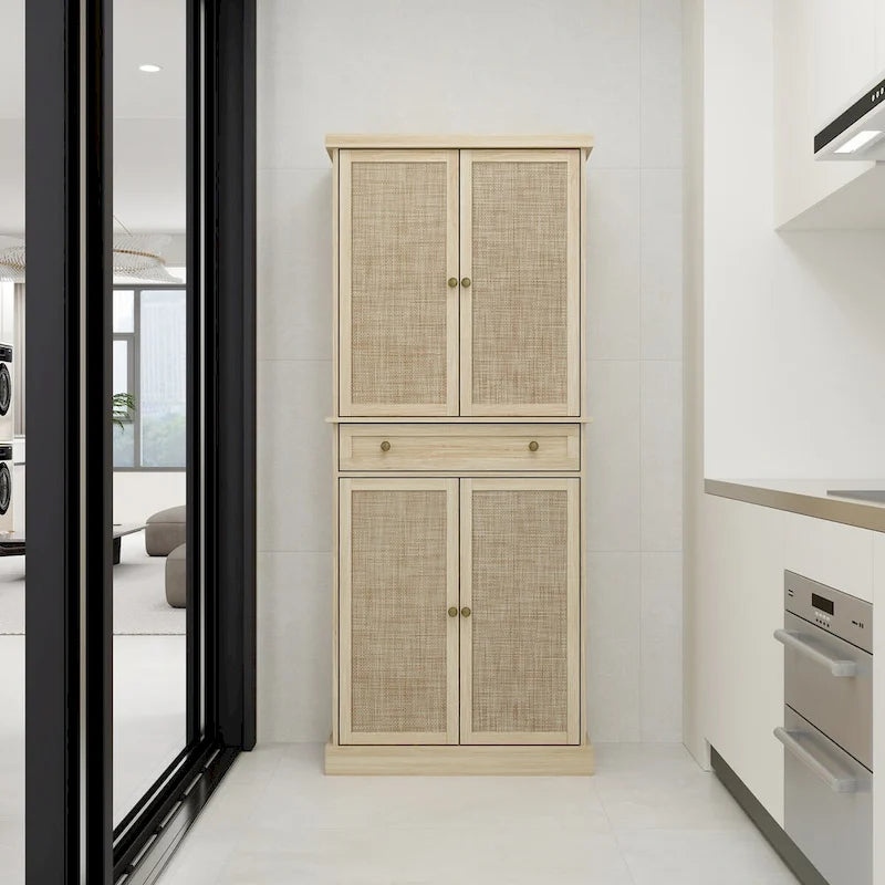 Meuble de rangement haut avec 4 portes en rotin, 1 tiroir et étagères réglables, naturel et noyer